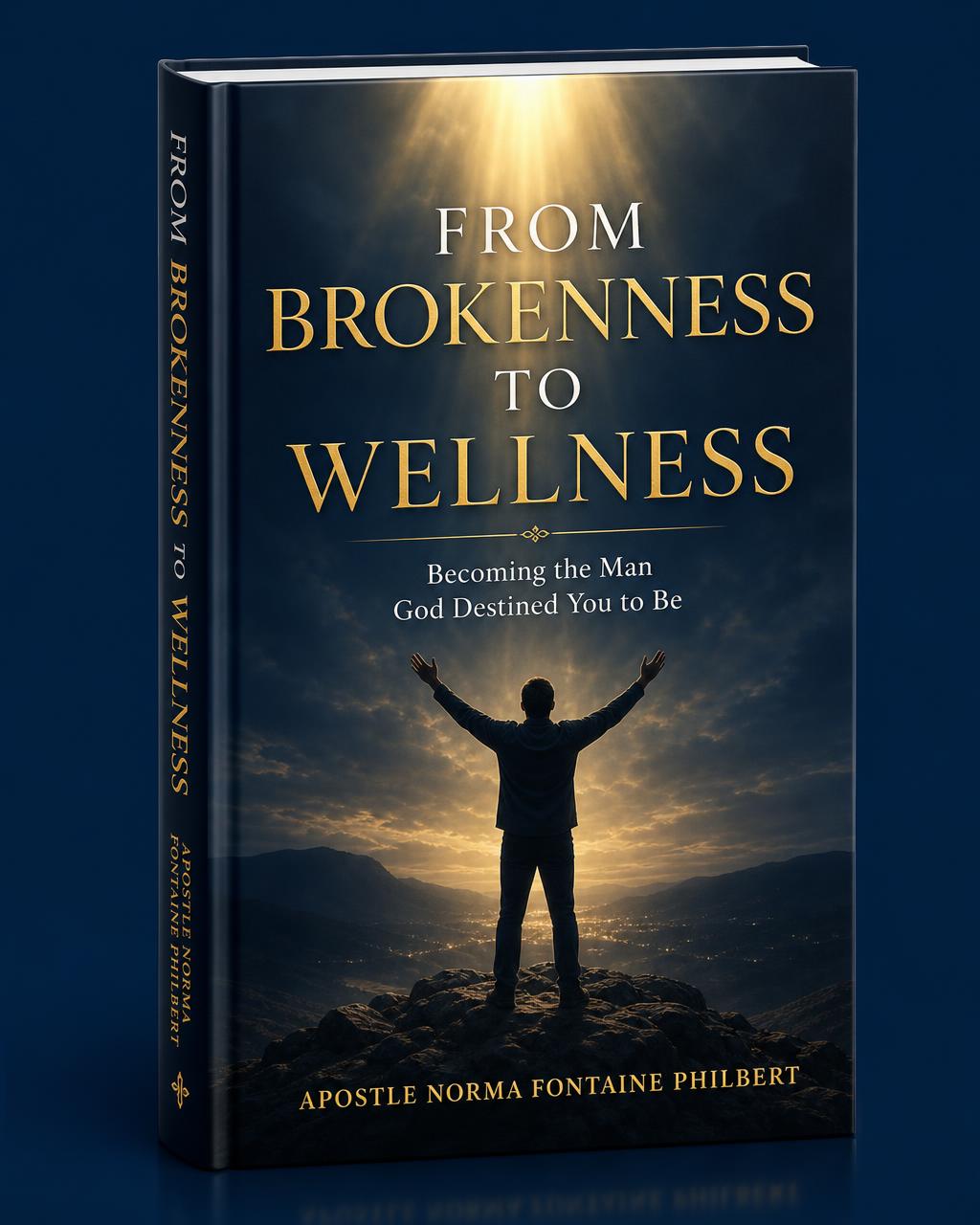 Cover of From Brokenness to Wellness by Apostle Norma Fontaine Philbert, showing a man on a mountain with arms raised toward light